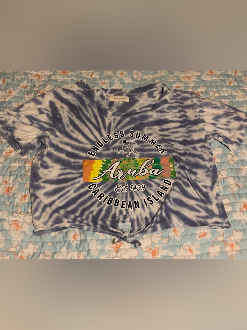 Ocean Drive Blue & White Tie-Dye Aruba Graphic Crop Tee